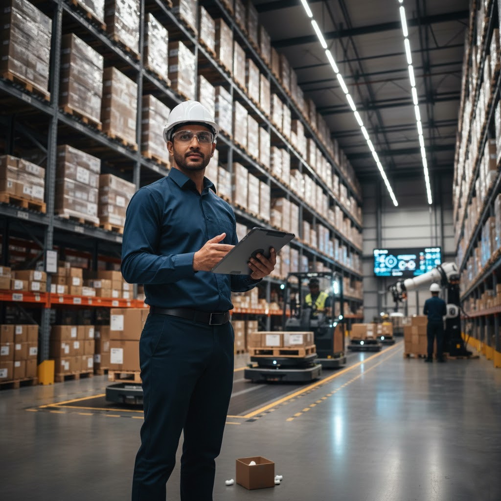 Professional warehousing agent managing inventory control and warehouse operations in a modern distribution center